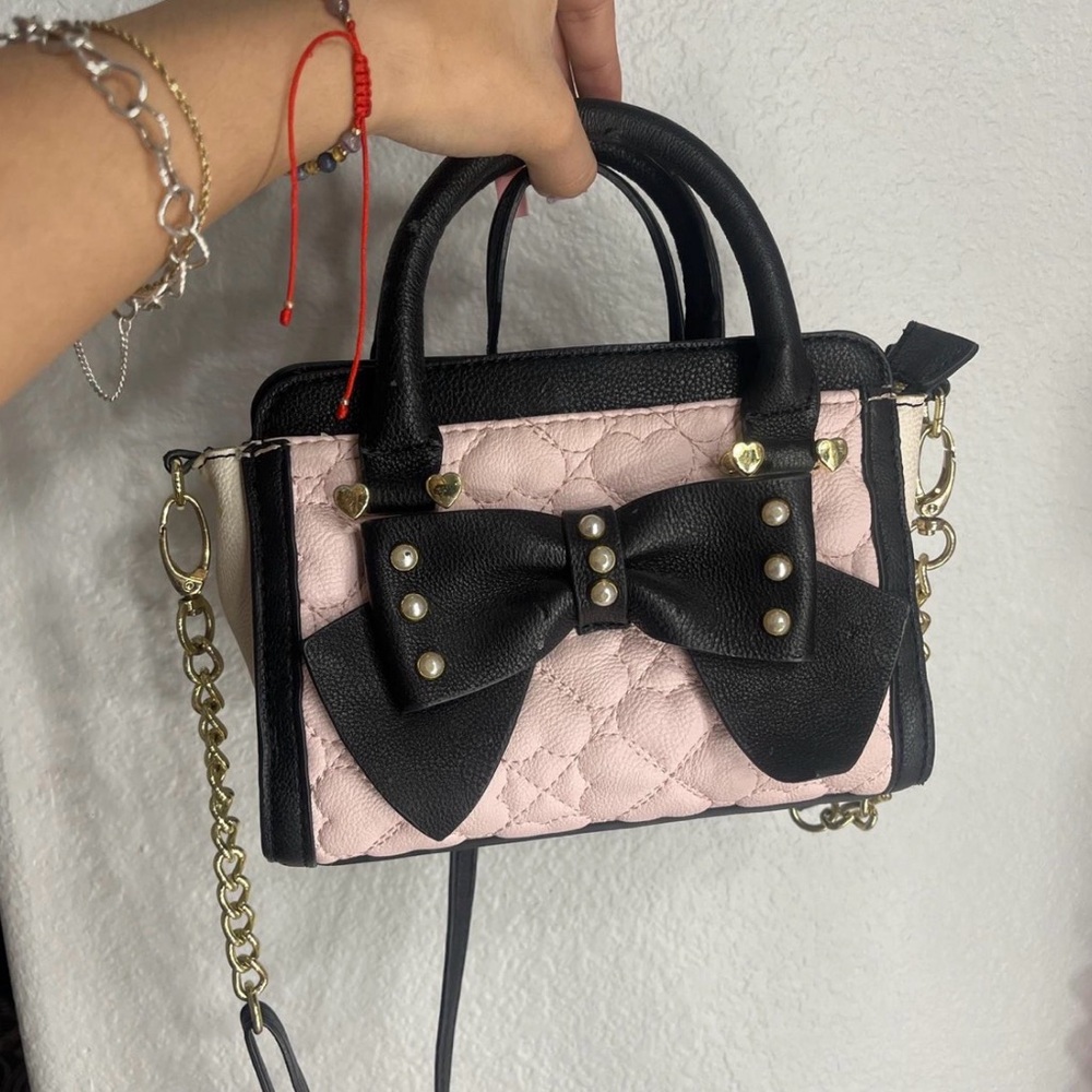 Betsey Johnson Pink and Black Crossbody Bag with Bow